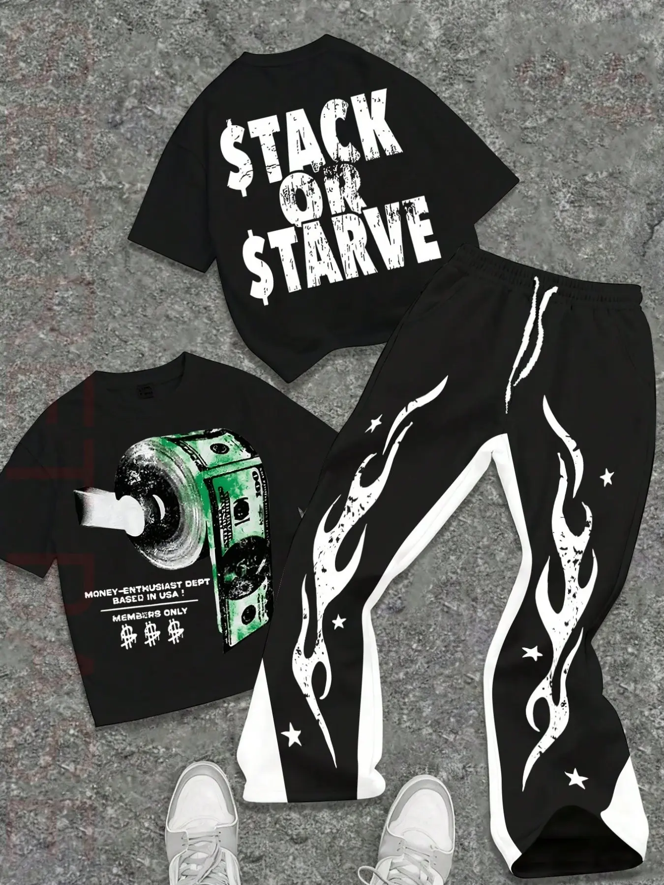 Men's "Stack Or Starve" graphic Print T-shirt and flame-patterned track pants set Outfit - Streetwear, versatile men's suit.