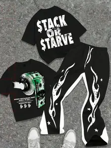 Men's "Stack Or Starve" graphic T-shirt and flame-patterned track pants set - Streetwear, versatile men's Outfit