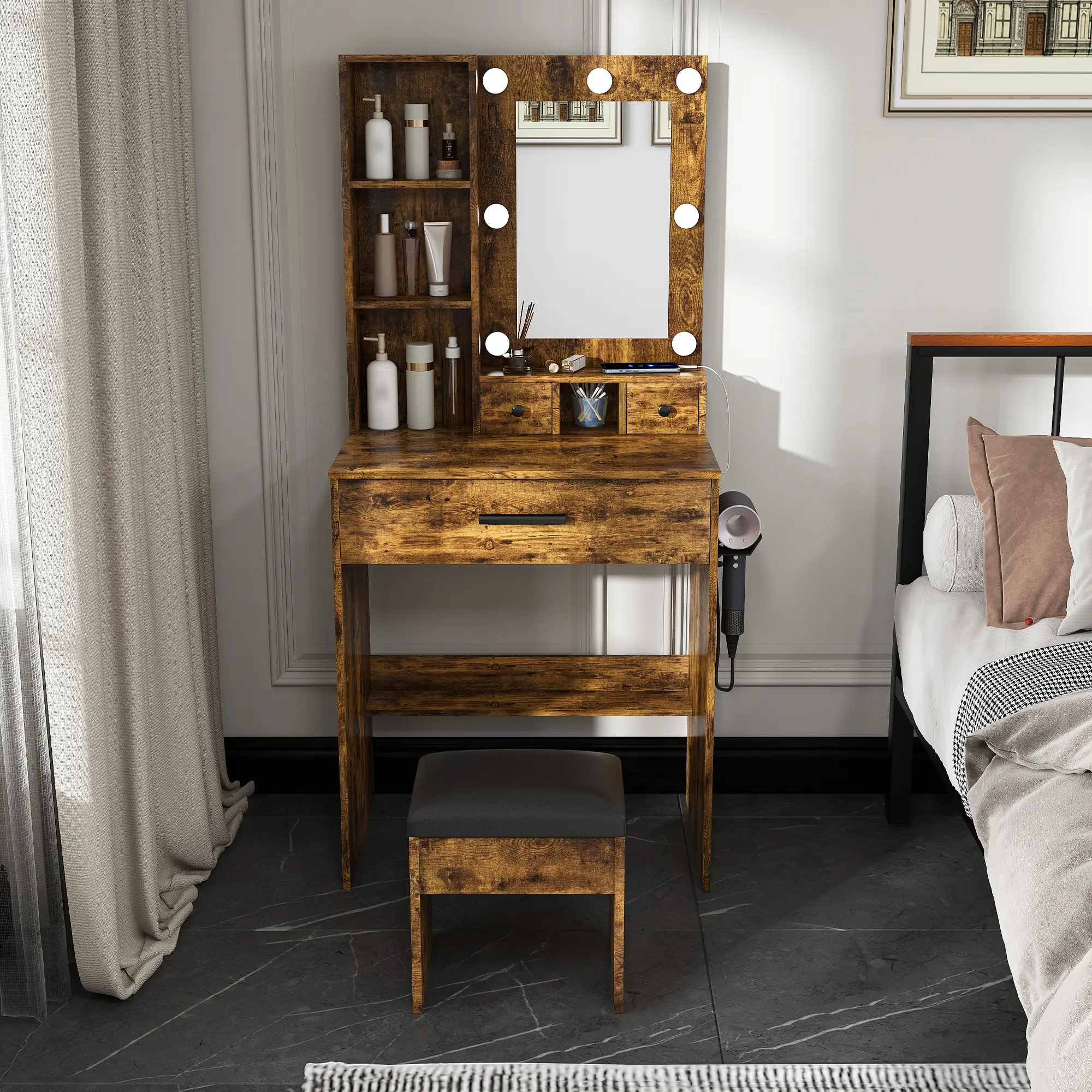 Compact Small Space MDF Wood Vanity Table (LED Mirror with 3 Color Temperature Modes), Built-in Outlet, Hairdryer Holder, 1 Large Drawer & Upholstered Stool - Bedroom, Apartment Organization, Thoughtful Gift