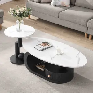 Modern Nesting Coffee Table Set of 2 End Table for Living Room, White Faux Marble Top Black Metal Base, Oval Coffee Table Round End Table Set