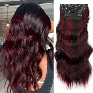 [Vigorous] Black Burgundy Mixed Clip in Hair Extensions Long Wavy Synthetic Hairpieces Natural Soft Hair Blends Well Easy to Wear for Women Girls Daily Use
