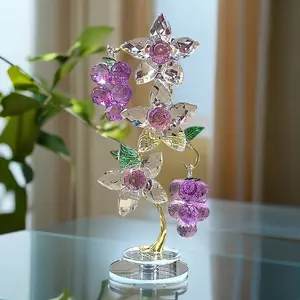 Rotating Grape Tree with Three Flowers, High-End Crystal Decorative Piece, Creative Craft for Home Decoration, Entryway Tabletop Ornament, Crystal Carvings
