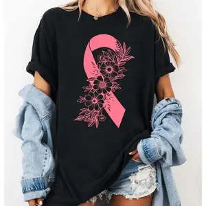 Breast Cancer Awareness T-Shirt Pink Ribbon Floral Tee Support Cancer Fighter Tee Breast Cancer Survivor Gift Breast Cancer Tee