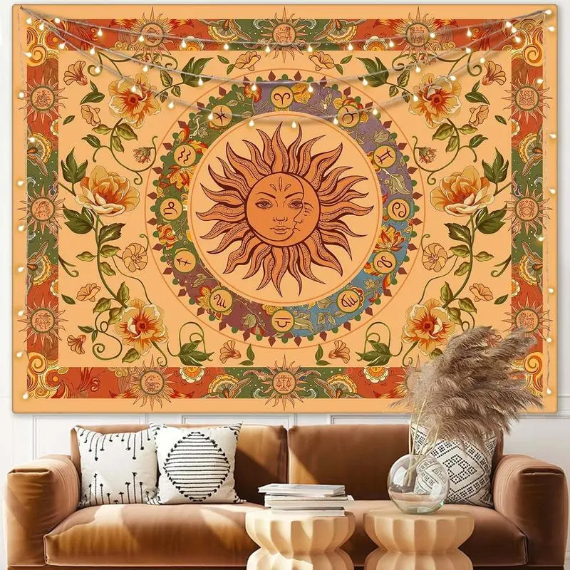 Yellow Sun and Moon Tapestry Hippie Indie Tapestries Boho Orange Flower Floral Tapestry Wall Hanging Cool Vintage Aesthetic Wall Tapestry for Bedroom Living Room Dorm