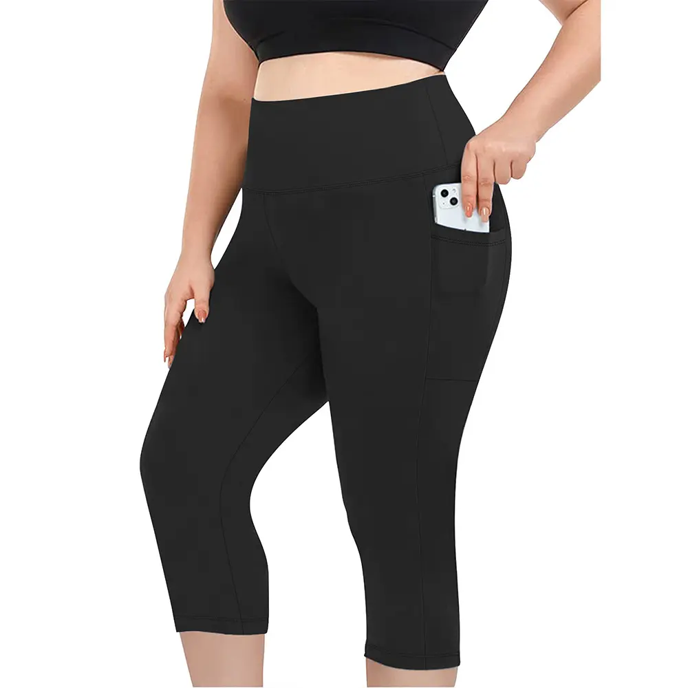 Women's Plus Size High-Waisted Athletic Capri Length Fitness Activewear - Buttery Soft Comfy Yoga Pants with Pockets for Yoga/Cycling