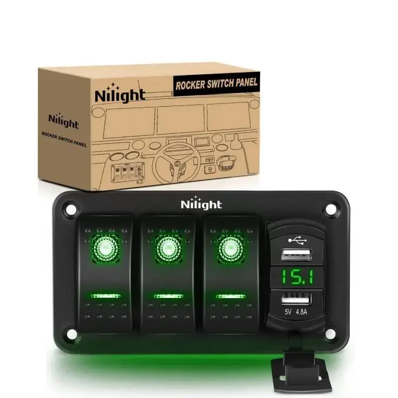 Nilight 3Gang Aluminum 5Pin ON/Off Green Rocker Switch Panel w/ 4.8 Amp Dual USB Charger Voltmeter