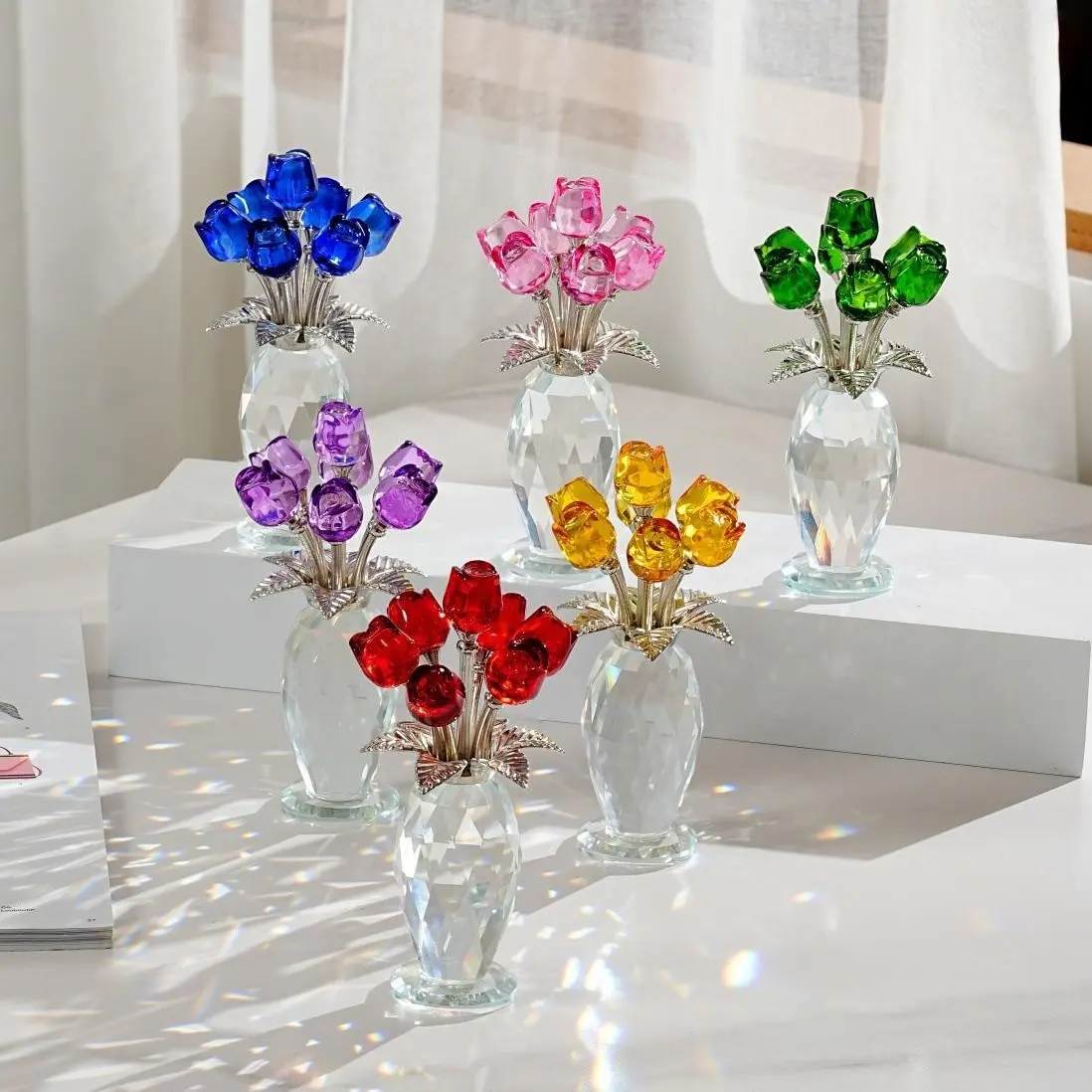 Artificial Crystal Glass Rose Bouquet Flowers - Gem Accents Floral Decor Arrangement, Elegant Home Supplies, Ideal Daily Gift for Birthday & Anniversary