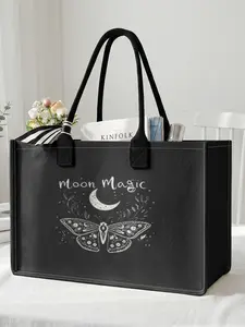 Large Capacity Storage Bag with Moon Butterfly Print, Durable Handle, Space Saving Multi-Purpose, Ideal for School, Travel, Shopping, Reusable Shopping Bags