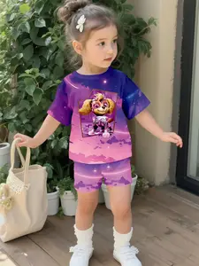 Purple-pink starry sky puppy set with digital printing, 100% polyester baby short-sleeve set, cute baby girl's casual Fashion clothing, suitable for daily and outdoor sports T-shirts, a perfect gift for babies and toddlers
