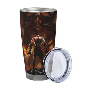 God of War Kratos vs Demon Boss 20oz Insulated Tumbler - Double Wall Stainless Steel Travel Mug - Portable Coffee Cup for Hiking Trails, Live Streaming Sessions, and College Classrooms