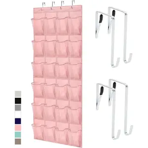 Over the Door Shoe Organizer, 24 Large Breathable Mesh Pockets, Space Saving Hanging Storage Holder, Closet Rack Hanger Holds Up to 40 lbs, Hangs on Closets for Shoes, Accessories, Pink