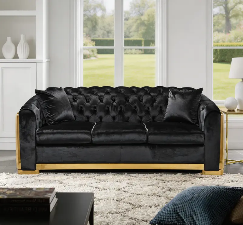 Black Velvet Luxury Chesterfield Sofa, 84" Tufted 3-Seat Couch with Gold Stainless Steel Accents, Elegant Living Room Furniture