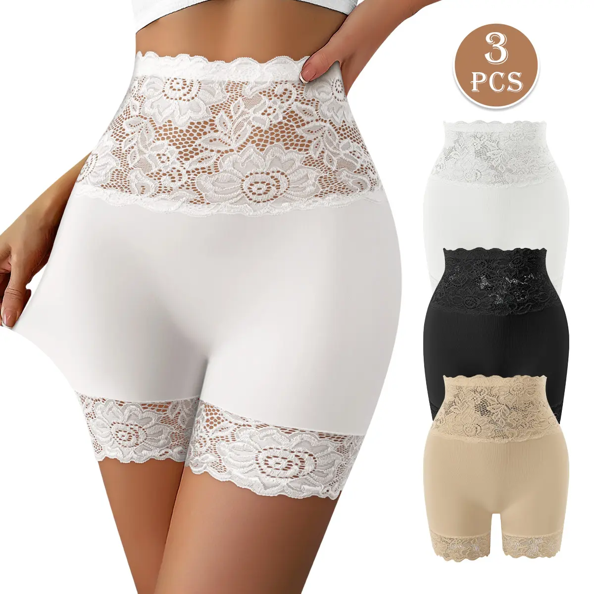 QUASTI 3-Piece Elegant High-Waisted Tummy Control Lace Women's Boxer Briefs, Lace-Trimmed Design, Soft and Breathable, Highly Elastic and Comfortable, Silky Smooth Shorts, Anti-Exposure Womenswear, Elegant and Confident Women's Underwear, Sizes S-XXL