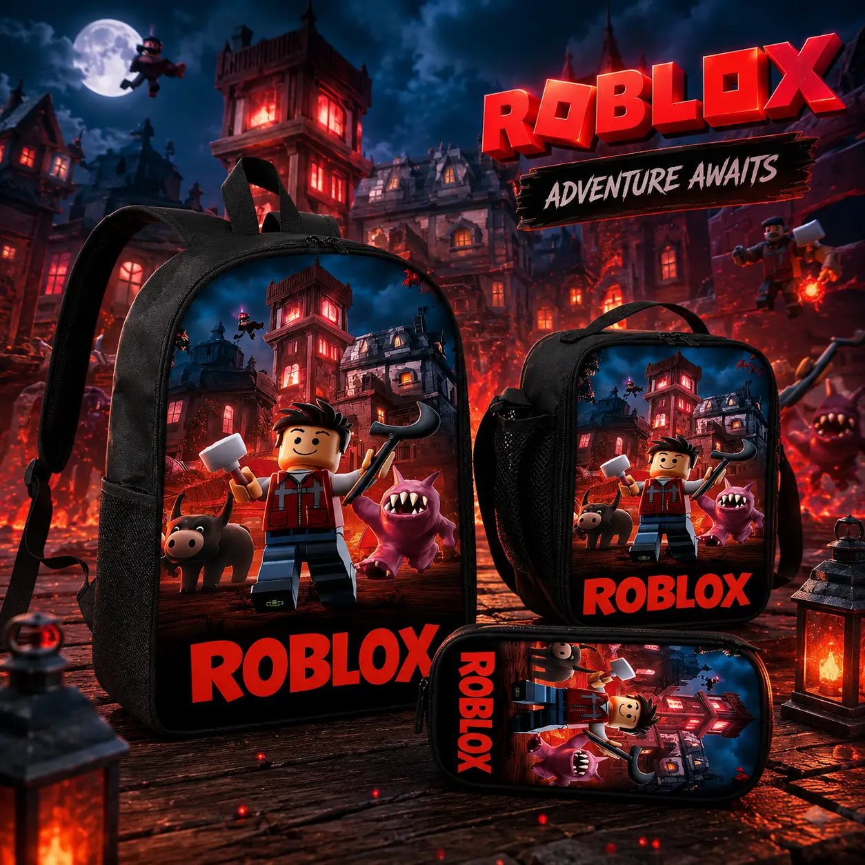 3 in 1 Roblox Backpack Set for Boys, Water Resistant Kids Gaming Bookbag with Insulated Lunch Box & Pencil Case, Roblox Merch Elementary School Bag, Durable Padded Shoulder Game Themed Backpack for Students Travel Camping Daily Use