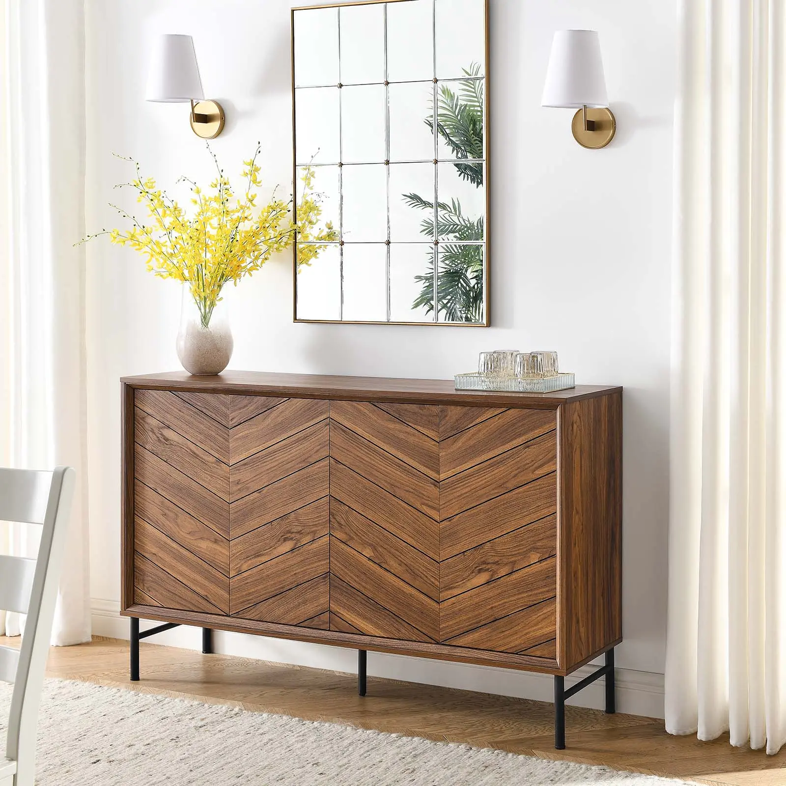 Modway Harper Chevron Wood Sideboard - Walnut Buffet Cabinet with 2 Concealed Storage Areas, Indoor Storage Credenza for Home, Office & Various Room Types, Assembly Required