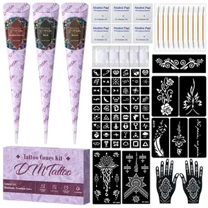 DIY Tattoo Stencil Kit 3 Tattoo Cones Set with Gloves Cotton Swab for Women Men Kids Party Gifts Long Lasting Body Art Designs