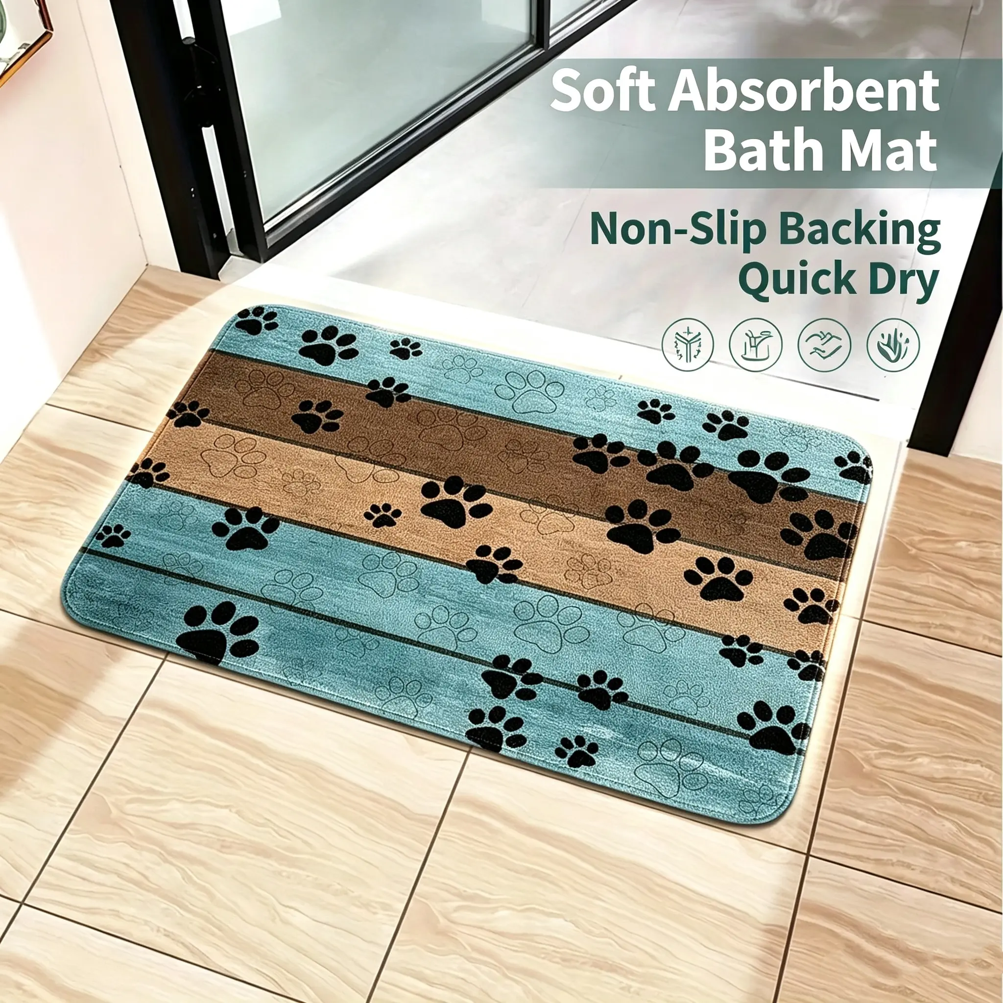 Front Door Mat Indoor Outdoor Dog Paws on Vintage Farmhouse Wood Board Non-Slip Doormat Low Profile Patio Porch Entryway Rug  Cartoon Animal Paw