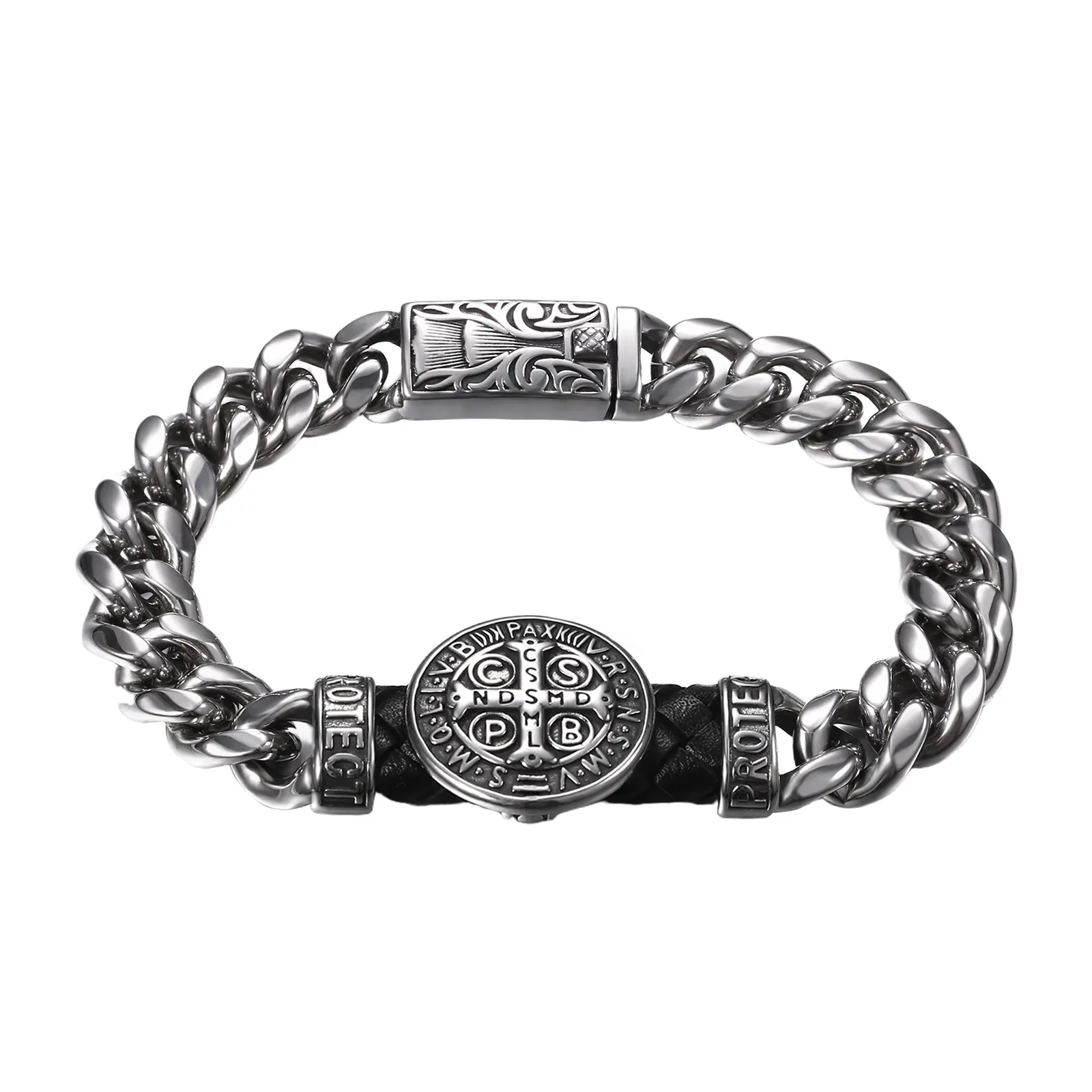 OIDEA Men's St. Benedict Bracelet with Crucifix Graphic, Catholic Non Tarnish Stainless Steel and Leather Cord Cuban Link Chain, Non Tarnish Jewelry, Crucifix Graphic Bracelets & Bangles, Cross Metal Bracelets & Bangles