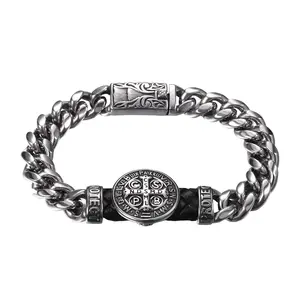 OIDEA St Benedict Bracelets for Men, San Benito Medalla Catholic Bracelet, 316L Stainless Steel Cuban Link with Leather Cord
