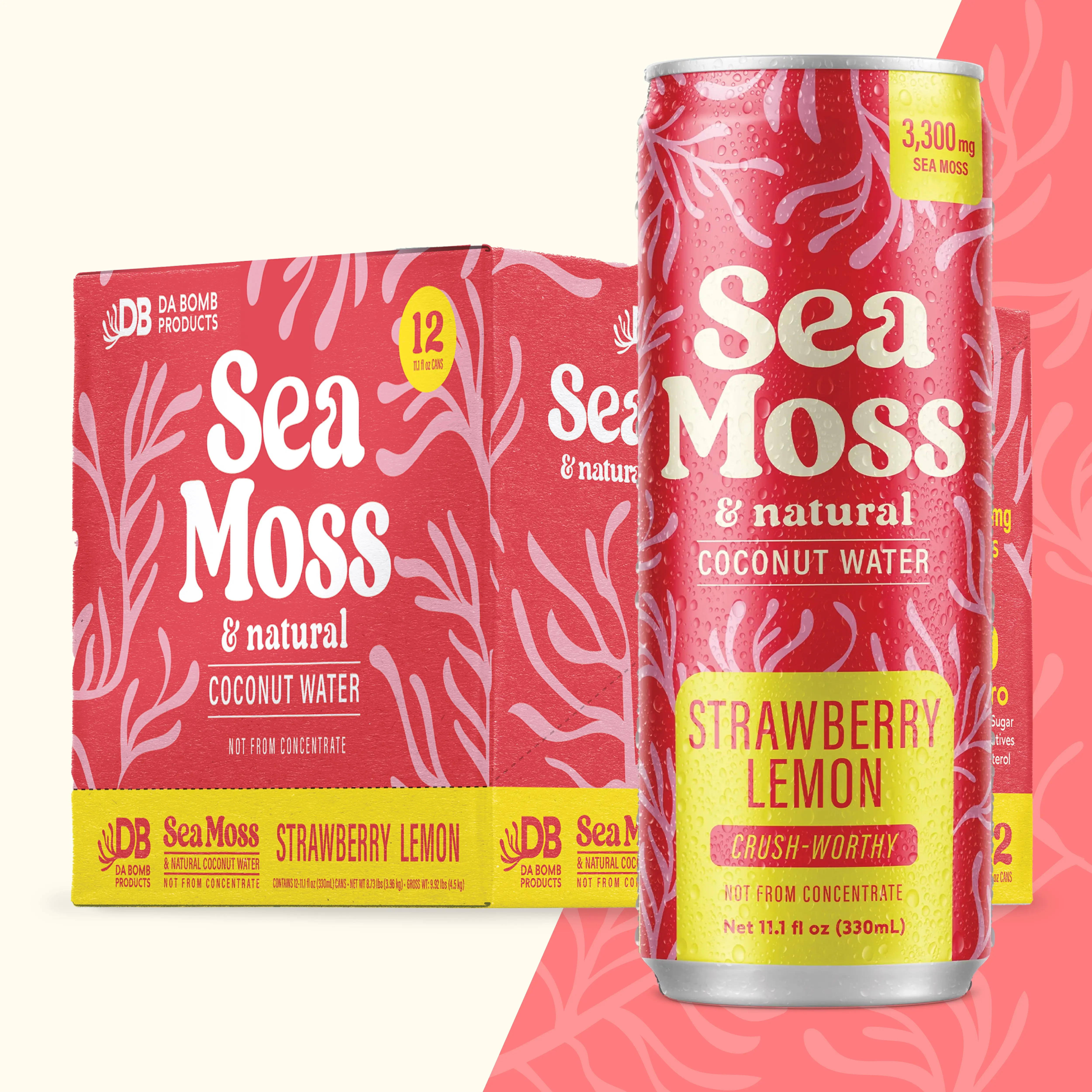 Da Bomb Sea Moss Coconut Water Drink, 4 Pack, 11.1 fl oz Cans, 3,300 mg Sea Moss, Electrolytes, No Added Sugar, Non-GMO, Dairy Free, Gluten Free - Strawberry Lemon