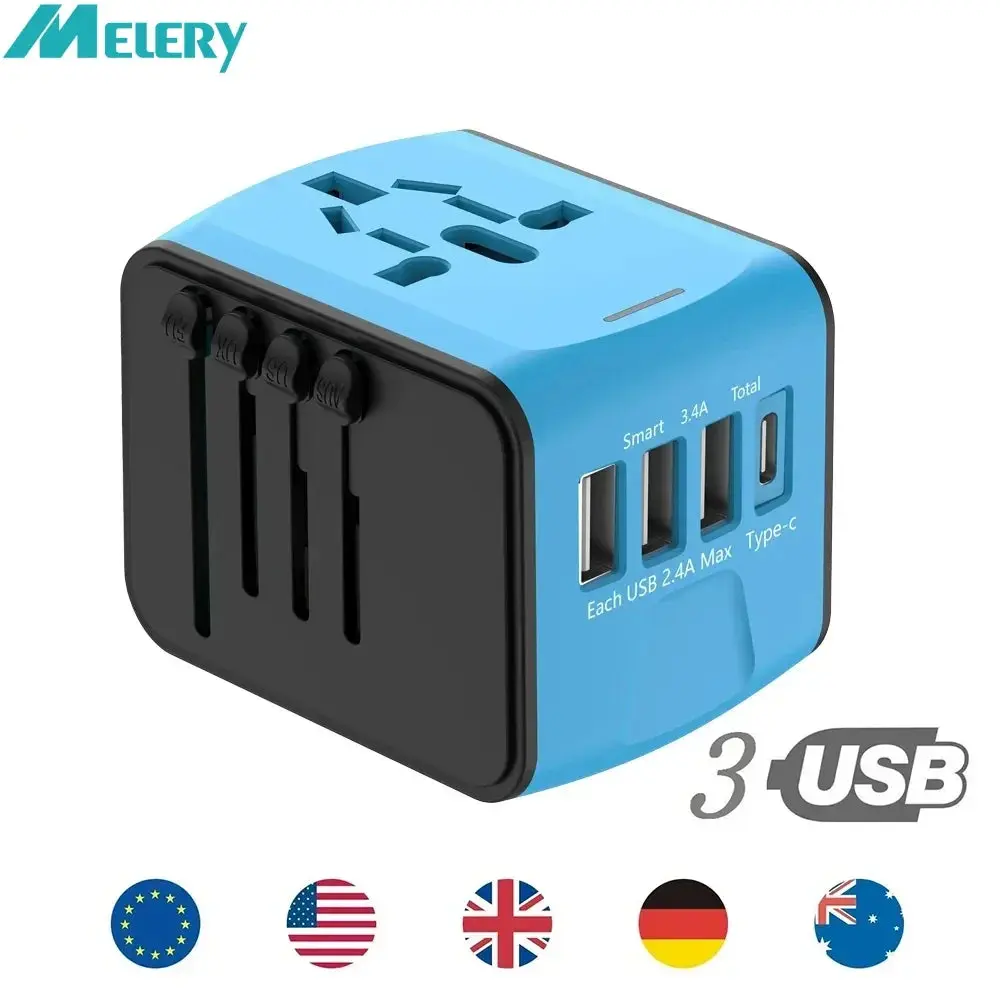 Melery Universal Travel Adapter – Worldwide Plug with 3 USB & Type-C