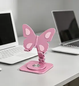 Aluminum Alloy Pink Butterfly Phone Stand with 360° rotatable & foldable structure, flexible multi-angle adjustment. Stable cell phone holder, compact portable accessory for home, office and outdoor traveling scenarios.pre-assembled core