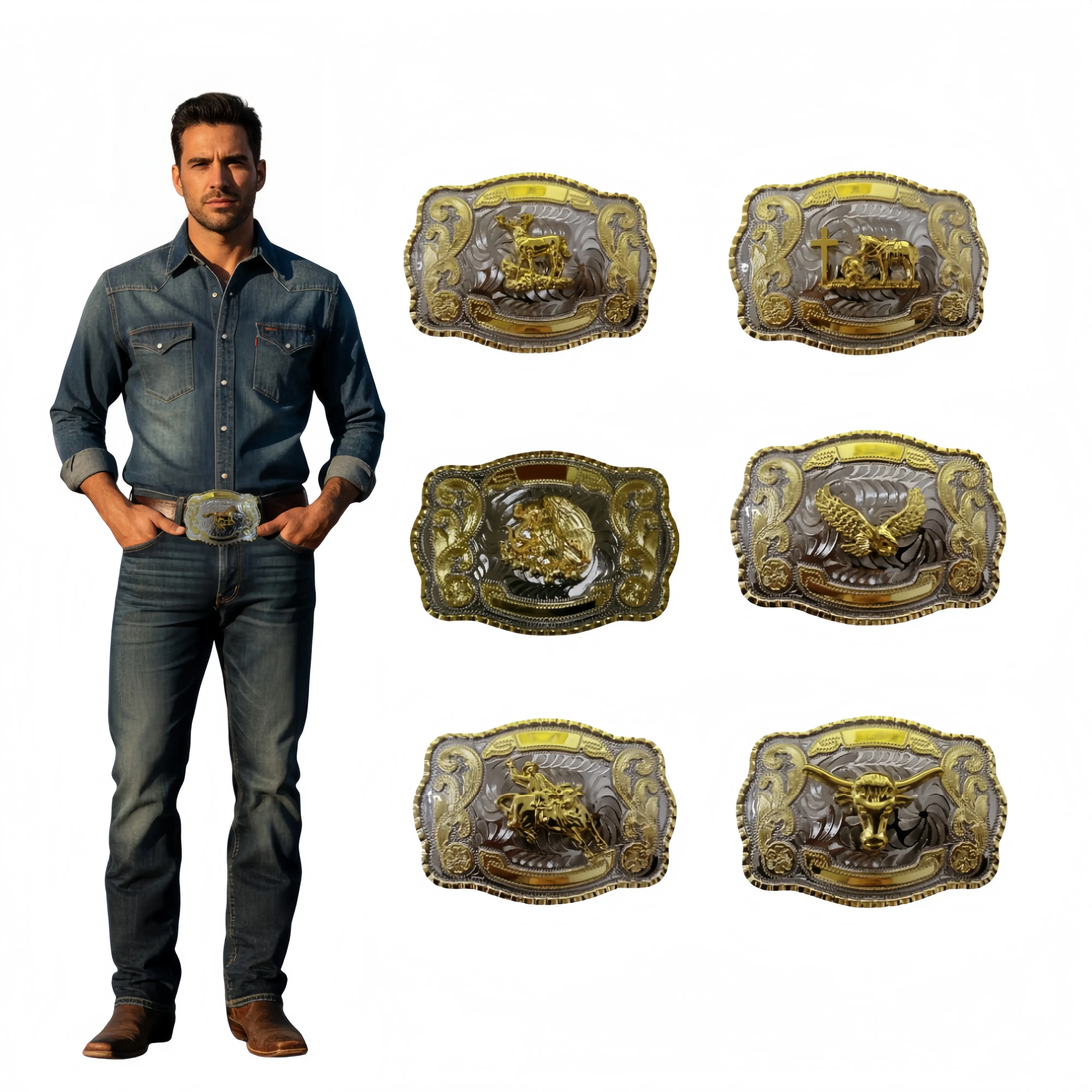 Praying Cowboy Cross Religious Faith Large Huge Rodeo Western Gold Tone Belt Buckle