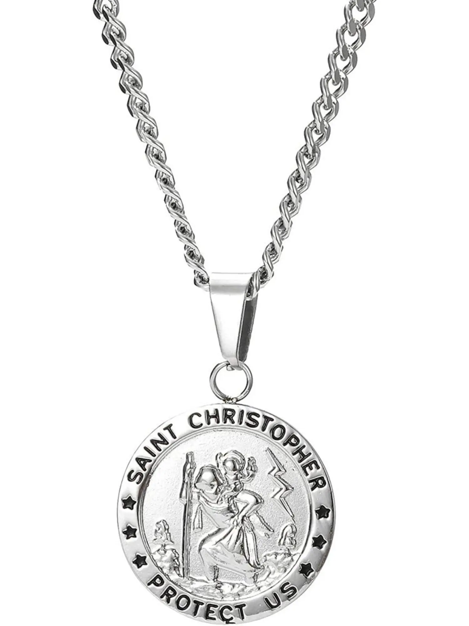 1 Pc Silvery Saint Christopher Pendant Necklace for Women Men Premium Stainless Steel with Lasting Shine Detailed Pendant Engraved with Classic Words Delicate Star Patterns Sturdy Linked Chain Meaningful Blessings Sleek Various Outfits Show Faith