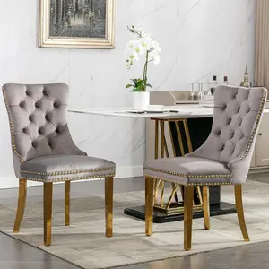Modern High-End Tufted Design Velvet Upholstered Dining Chair Set of 2 with Golden Stainless Steel Plating Legs, Nailhead Trim, Comfortable High Backrest for Living Room, Dining Room, Gray