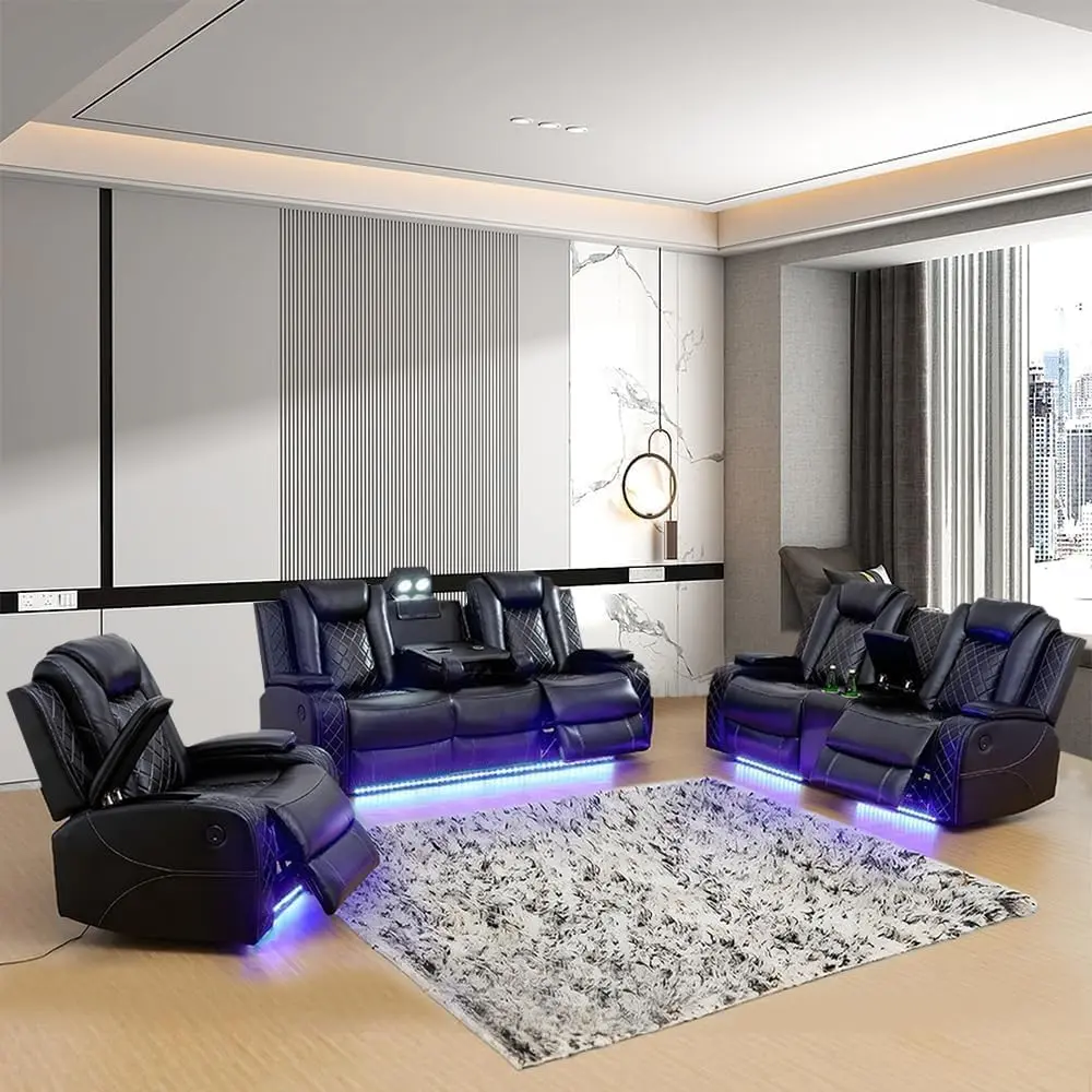 Black Breathable Leather Power Recliner Sofa - Office & Living Room Furniture with Pillow Top, High Density Cushioning, USB Charge Ports, Storage Armrests