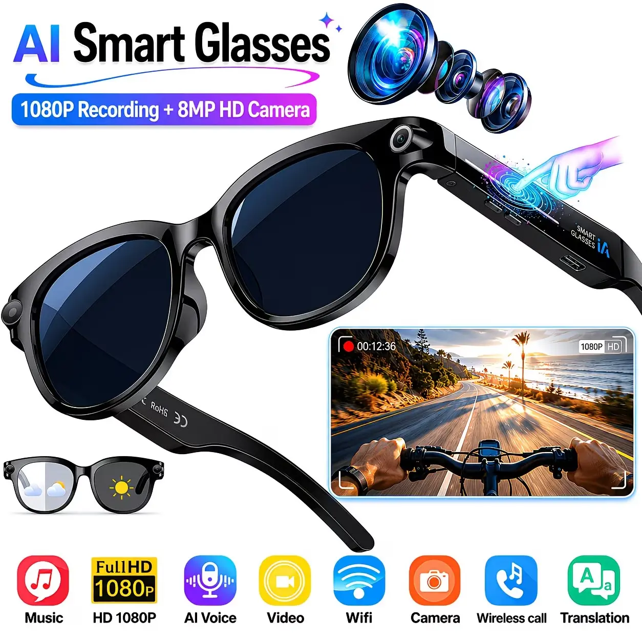 AI Smart Camera Glasses, Sunglasses with 8MP Photos & 1080P POV Video, Real-Time Translation, Photochromic Lenses, Bluetooth Calls & Music, outdoor sport Voice Assistant, Tech Gift for Men & Women