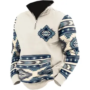Jackets for Men Western Aztec Ethnic Print Vintage Top Long Sleeve Shirt Stand Collar Button Down Pullover Coat
