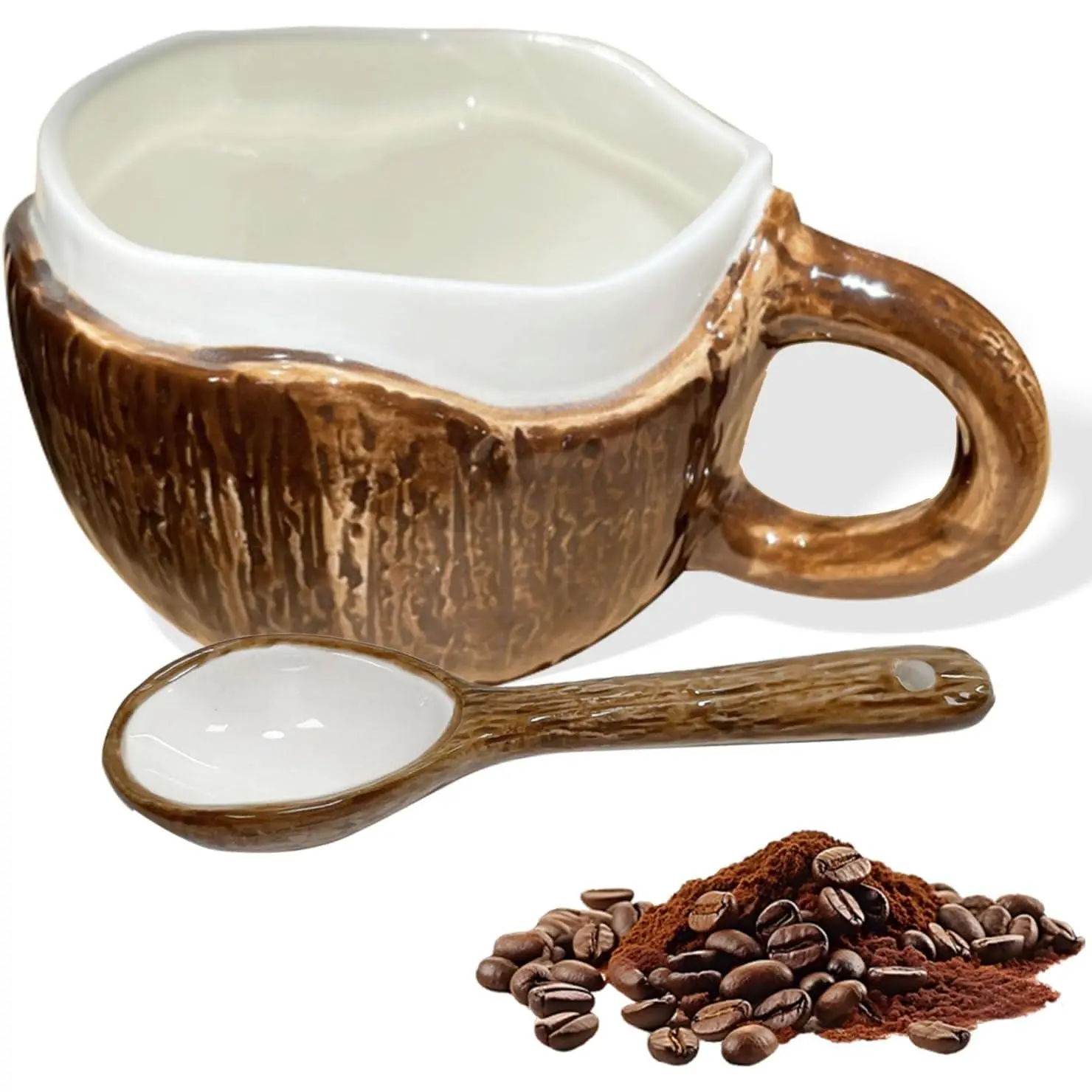 10 oz BPA-Free Durable Tropical Coconut-Shaped Ceramic Mug with Spoon - Reusable Kids' Washable Kitchen Drinkware, Ideal for Coffee Drinking, Home Use