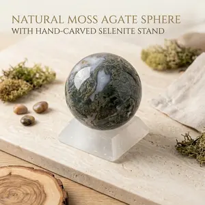 1 Set Moss Agate Sphere With Selenite Holder About 244g