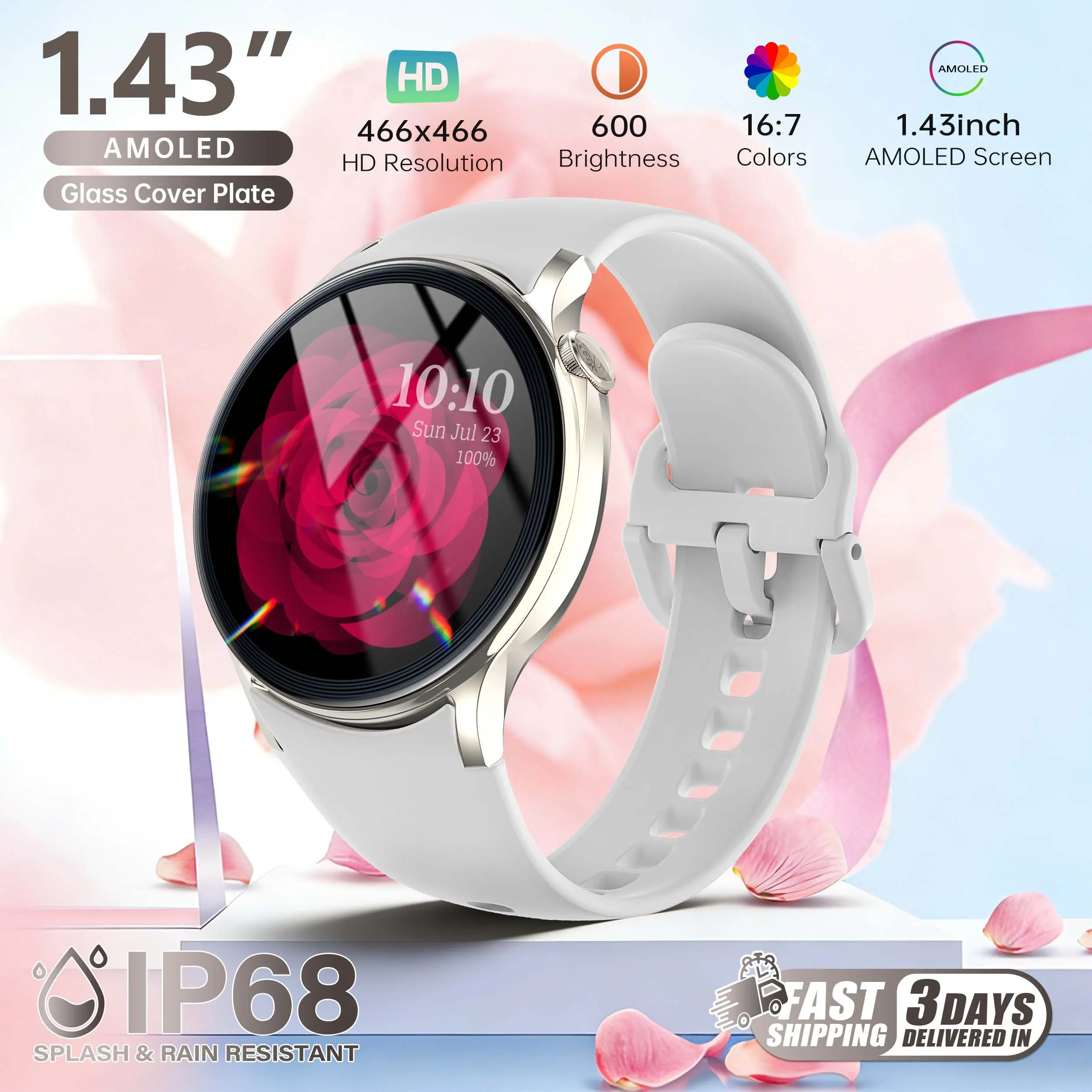 Gift-Ready Smartwatch for Mom – Elegant AMOLED Display, Bluetooth Calls, Activity & Sleep Tracking, IP68 Waterproof, Comfortable Everyday Watch