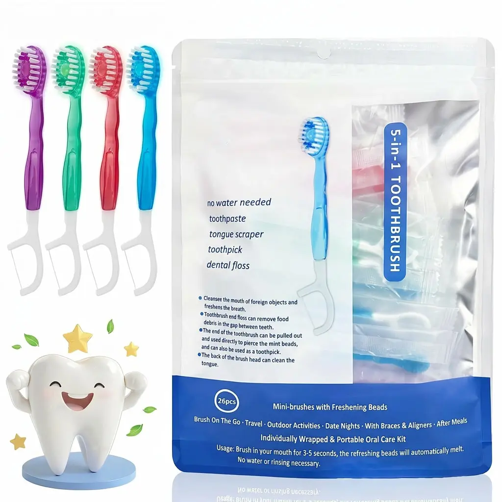 Mini disposable toothbrush, 5-in-1 travel set with built-in toothpaste, 26-pack individually wrapped kit including dental floss, tongue cleaner, and toothpick; portable oral hygiene set for fresh breath—ideal for office, travel, dating, and everyday use.