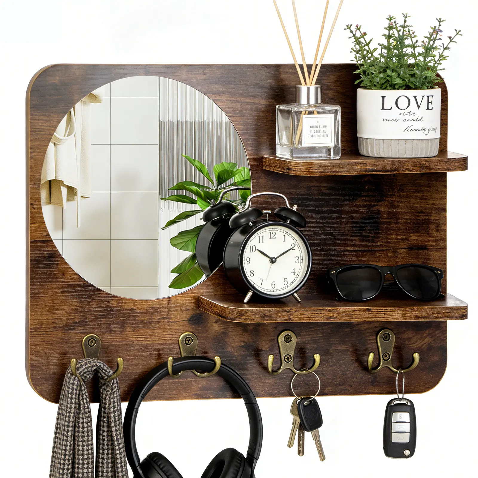 Hanging Entryway Mirror with Hooks - Wall Shelf Key Holder Organizer for Mail & Coat Storage, Home Decor Shelves