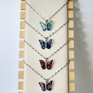 #567 Various Colors Gradient with Rhinestones Butterfly 16 Inch Necklace with 2 inch extender, Casual Jewelry, Spring, Copper, Stainless Steel