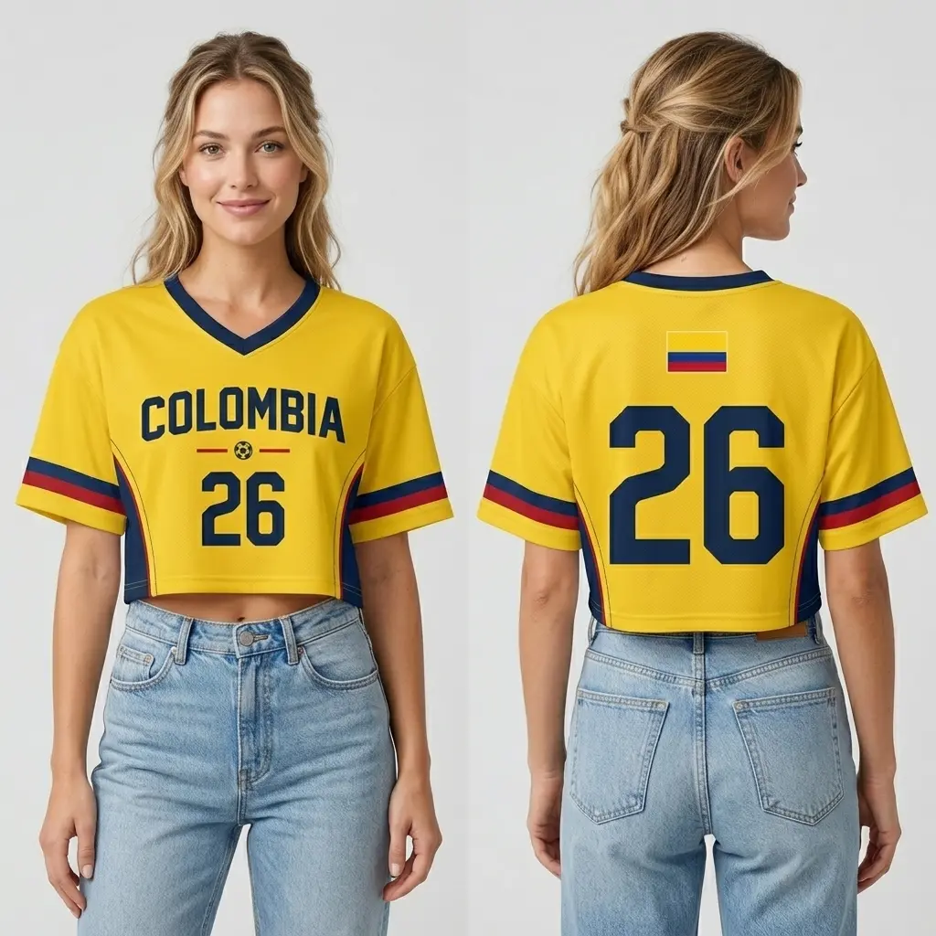 Colombia Crop Top Jersey, 2026 Global Soccer Women's Yellow Crop Top National Team Jersey with Colombia Lettering and Number 26 Classic Design, Perfect Gift for Soccer Fan