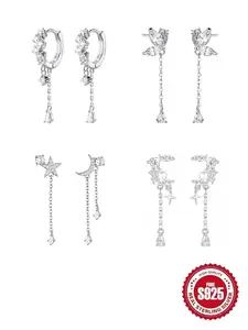 S925 Sterling Silver Butterfly & Star & Moon Design Earrings, Artificial Zircon Decor Earrings, Fashion Jewelry Accessories for Women & Girls, High Quality Earrings