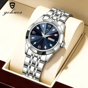 GOHOUS Fashion Luxury Woman's Quartz Watch Waterproof Luminous Date Week Ladies Casual Watch Stainless Steel Elegant Women Watches
