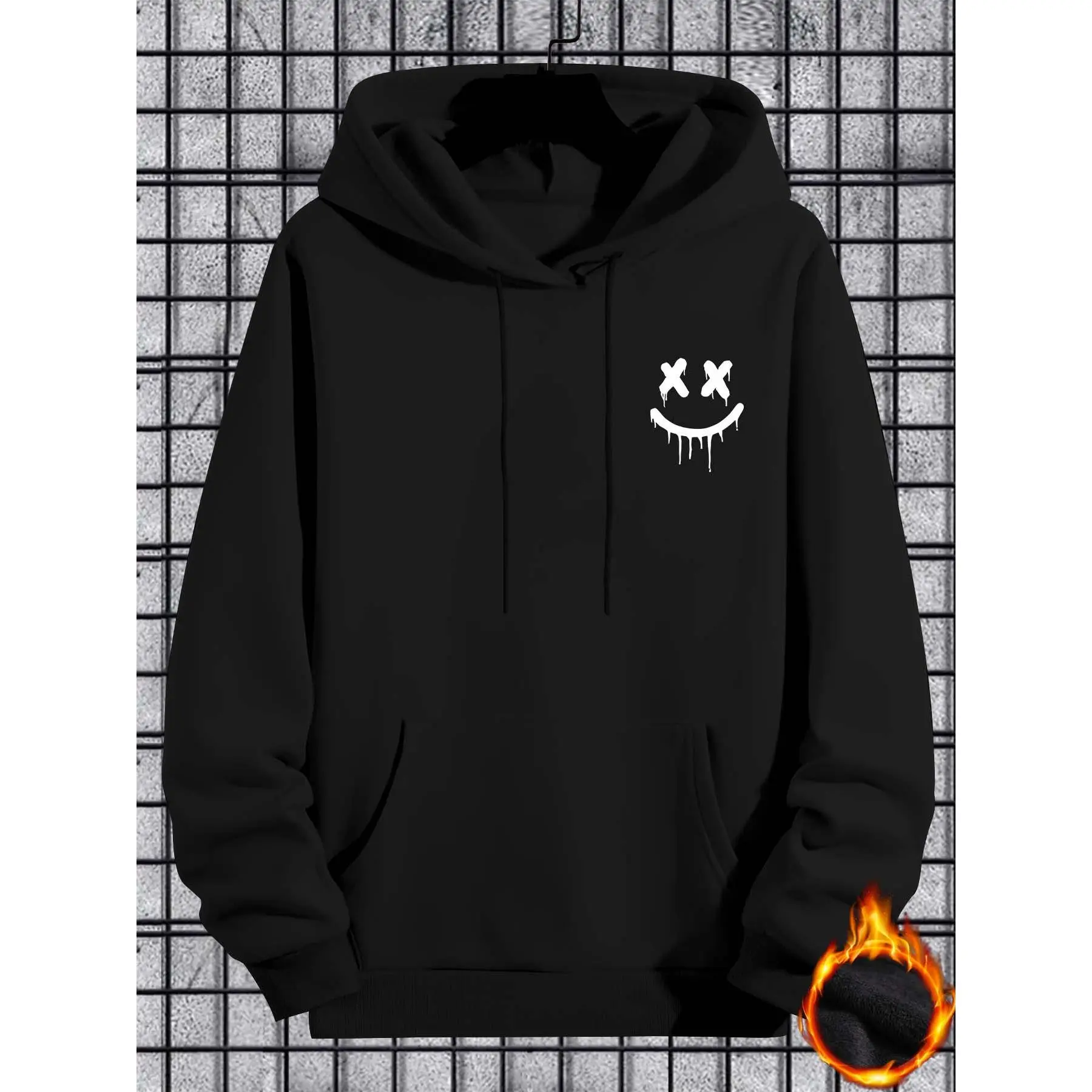 SMILE FACE Print Hoodie, Cool Hoodies For Men, Casual Hooded Sweatshirt With Kangaroo Pocket For Winter And Fall Fabric Menswear