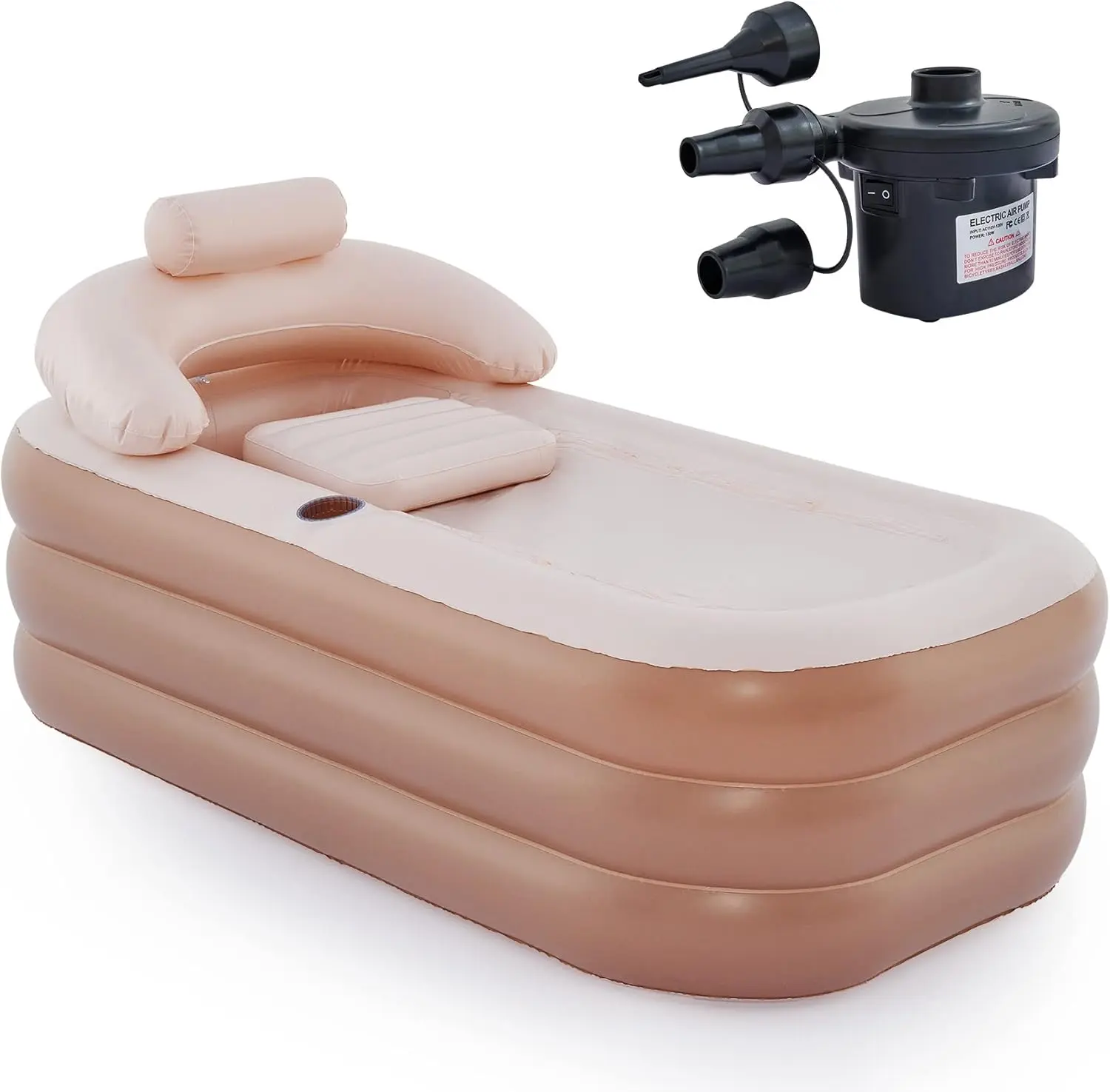 Brown Inflatable Bathtub for Adults with Electric Air Pump, Bath Pillow Headrest, Cover, Drainage Cup Holder, Portable Foldable Freestanding Outdoor/Indoor Spa Tub