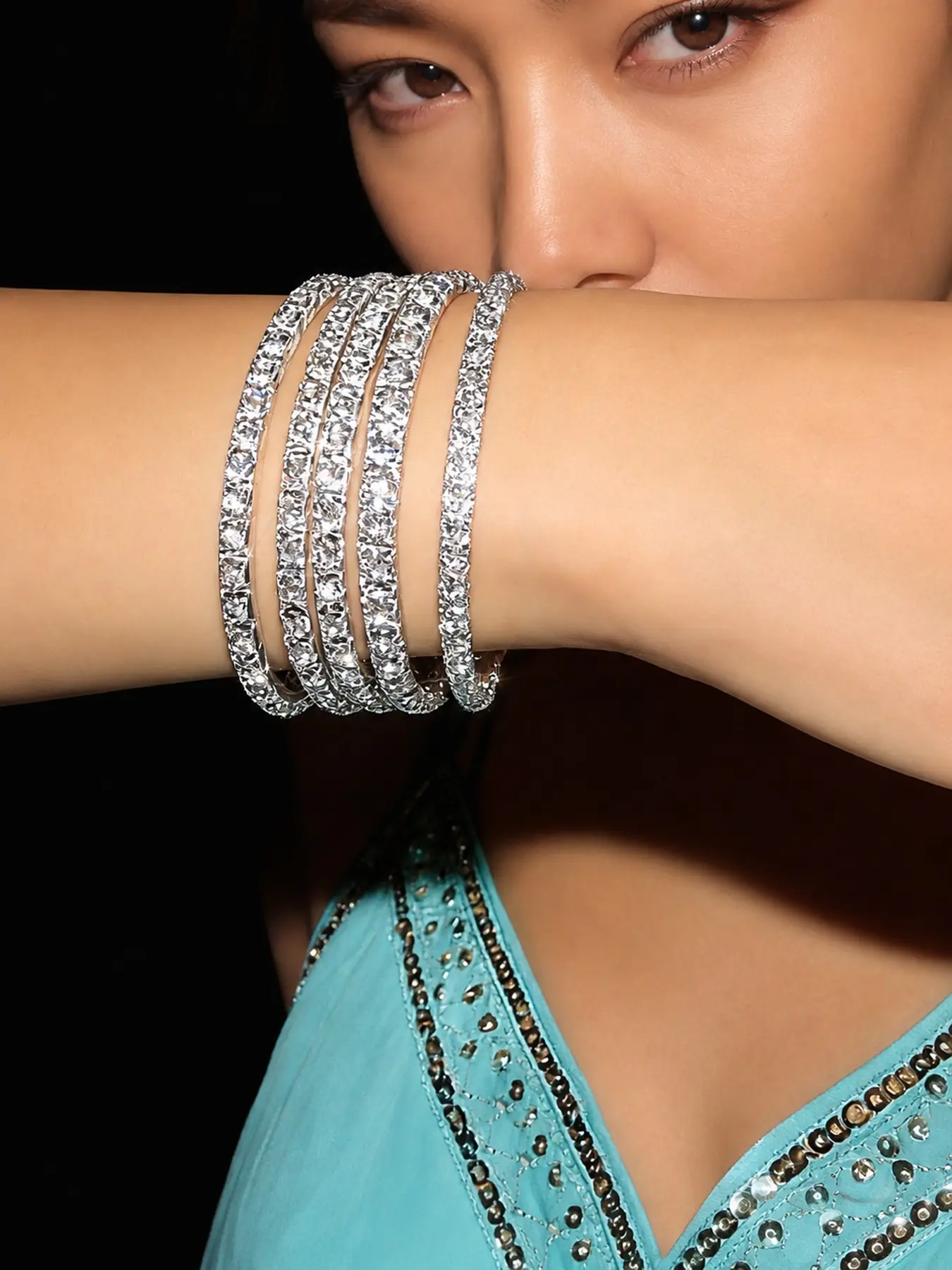 5Pcs Silver Rhinestone Stretch Stacking Bracelet Set for Women, Sparkly Crystal Tennis Bangle Stack, Layered Jewelry for Wedding Party Prom Daily Wear, Rhinestone Stackable Bracelets