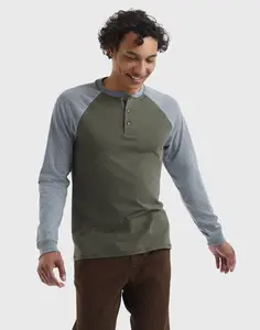Hanes Beefy-t Men's Long Sleeve Colorblock Henley Underwear Comfortable Fit Soft Stretch Fabric Breathable O5811