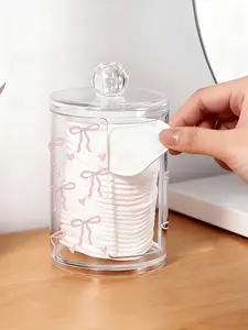 New bow-print cotton pad storage box, cute cotton swab and dental floss storage jar, acrylic transparent cotton pad jar, cosmetic storage box, Storage Organizer, suitable for home, office, and desktop.