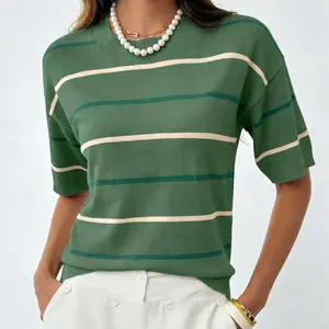 Shewin 2026 Spring/Summer Women's Short Sleeve Striped Sweatshirt - Soft Breathable Fabric Crew Neck Pullover Top for Daily Wear