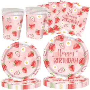 68-Piece Strawberry Birthday Party Plate Napkin Set, Sweet Fruit Theme Disposable Decorations, Suitable for Berry Themed Parties, Disposable Tableware