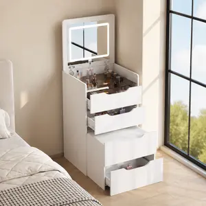 Flip-Top Vanity Table with Mirror and Lights,3-Color Adjustable Lighting, 3-in-1 Compact Dressing Table with Glass Shelf; Space-Saving Design featuring 3 Drawers and Padded Stool, Designed for the Bedroom (White) living room
