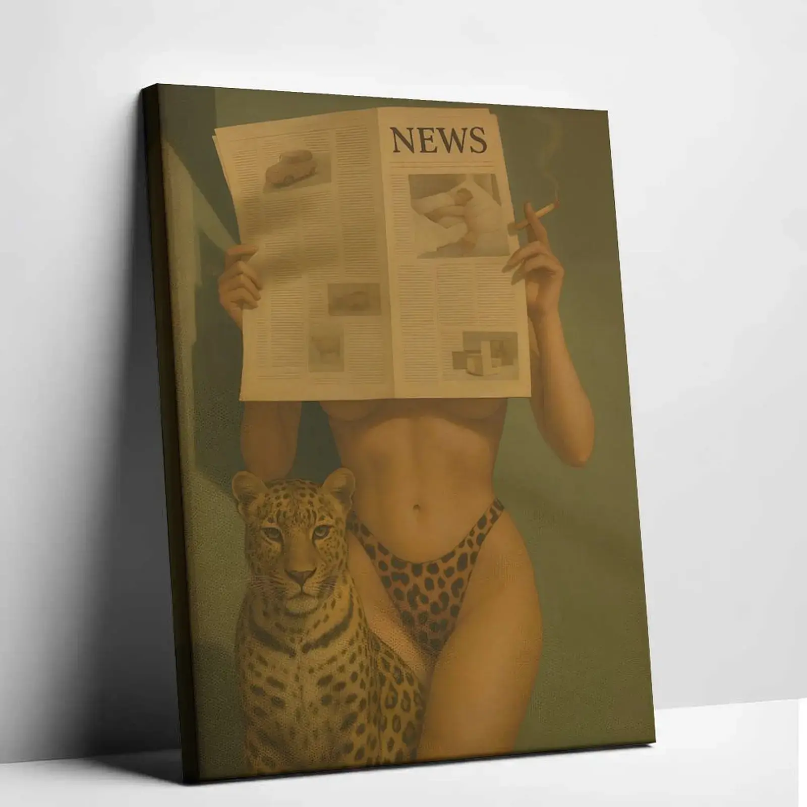 Vintage leopard print posters, cheetah and bikini wall decorations, vintage newspaper style, academic style wall decorations, a blend of mural art and feminist posters, vintage women's canvas prints.